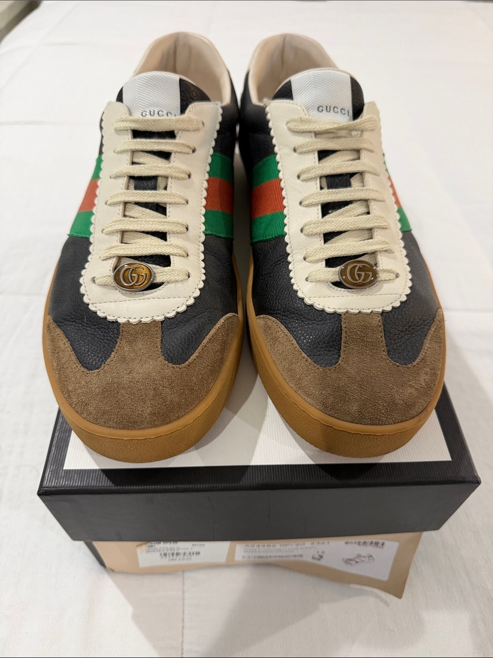 Gucci Brown Suede & Black Leather Sneakers with Green-Red Web Stripe